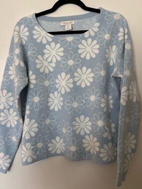 Rachel Zoe Blue and White Floral Long Sleeve Crewneck Sweater Size L